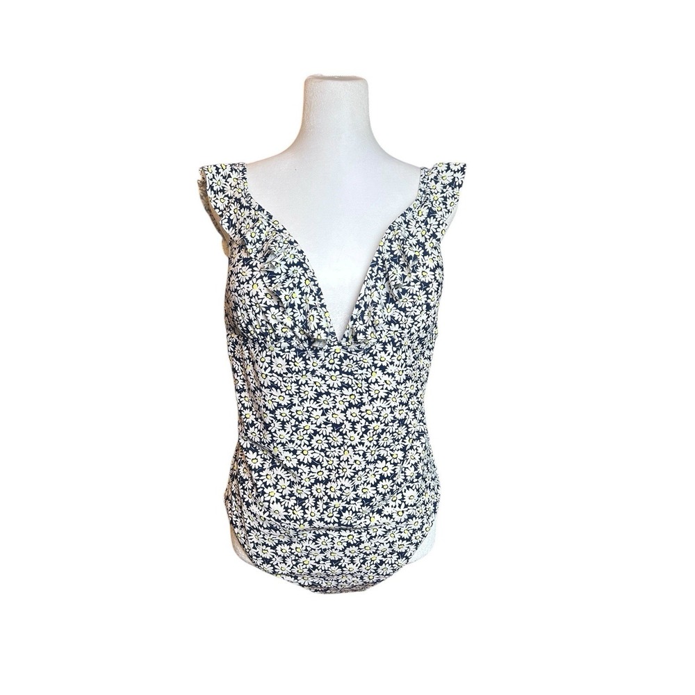 J. Crew Women's XL Daisy Floral One Piece Swimsuit Ruffle V Neck Navy - Picture 2 of 9